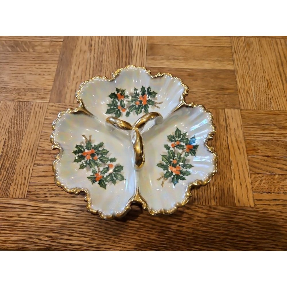 Vintage 1940s Ucagco Porcelain Divided Handled Candy Dish, 8'' Diameter